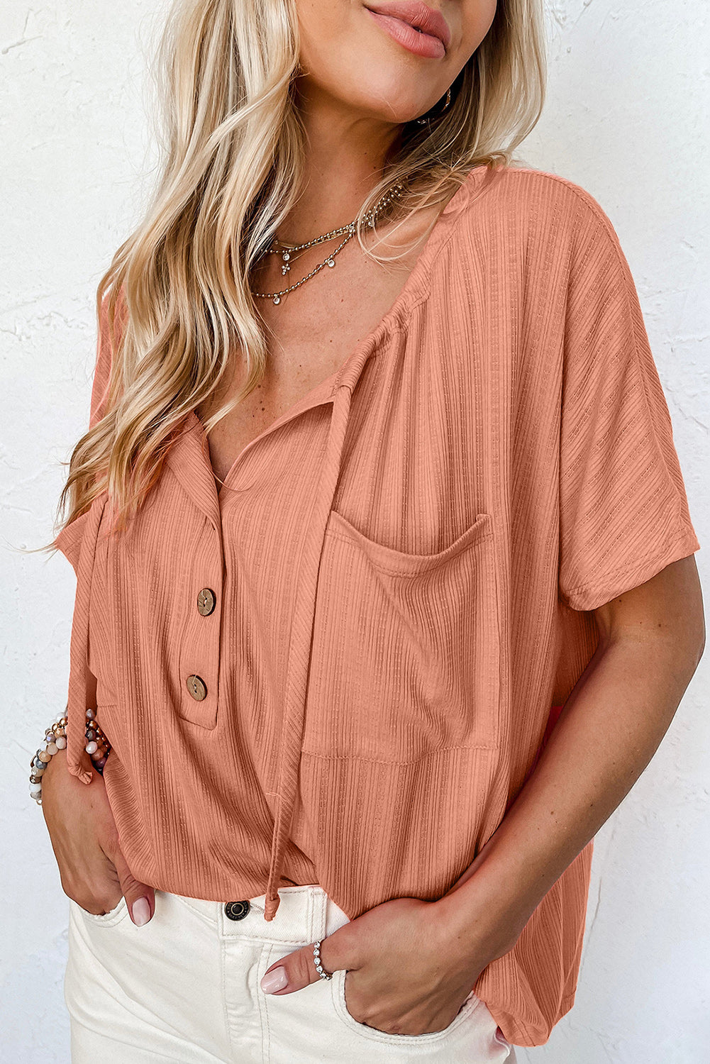 Orange Notched V Neck Buttoned Front Textured Loose Top