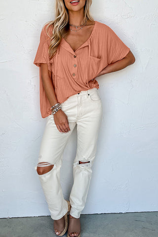 CLEARANCE ORANGE Notched V Neck Buttoned Front Textured Loose Top