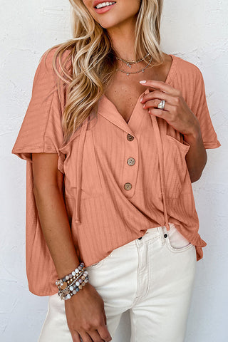 CLEARANCE ORANGE Notched V Neck Buttoned Front Textured Loose Top