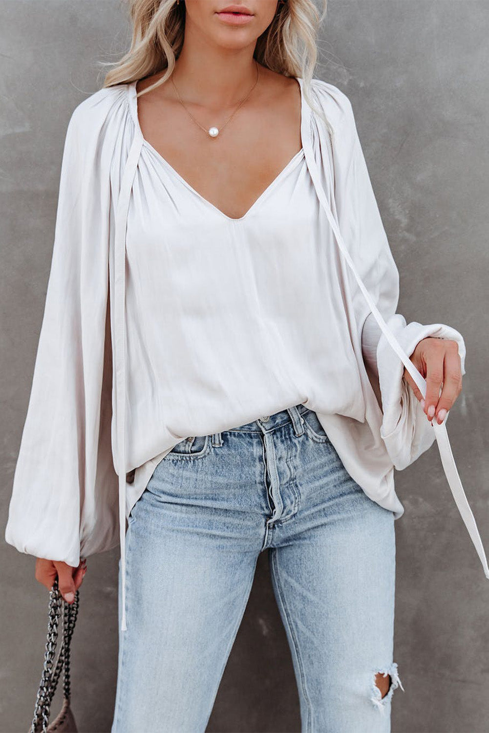 White Tie V Neck Pleated Puff Sleeve Satin Blouse