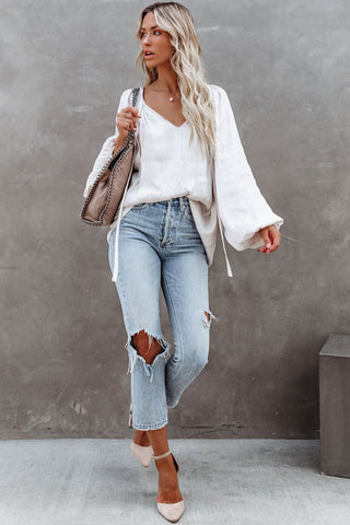 ***clearance ***White Tie V Neck Pleated Puff Sleeve Satin Blouse