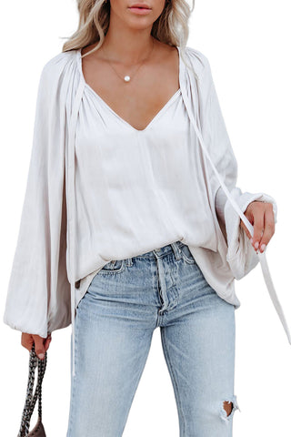 ***clearance ***White Tie V Neck Pleated Puff Sleeve Satin Blouse