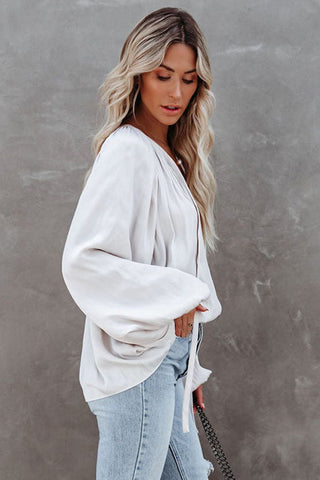 ***clearance ***White Tie V Neck Pleated Puff Sleeve Satin Blouse