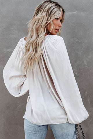 ***clearance ***White Tie V Neck Pleated Puff Sleeve Satin Blouse