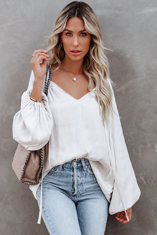 ***clearance ***White Tie V Neck Pleated Puff Sleeve Satin Blouse