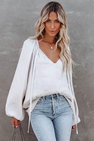 ***clearance ***White Tie V Neck Pleated Puff Sleeve Satin Blouse
