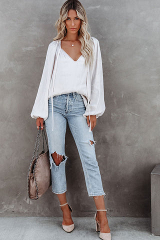 ***clearance ***White Tie V Neck Pleated Puff Sleeve Satin Blouse
