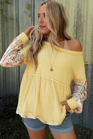 CLEARANCE Yellow Floral Patchwork Waffle Knit Babydoll Blouse