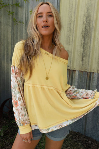 CLEARANCE Yellow Floral Patchwork Waffle Knit Babydoll Blouse