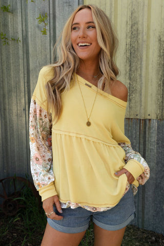 CLEARANCE Yellow Floral Patchwork Waffle Knit Babydoll Blouse