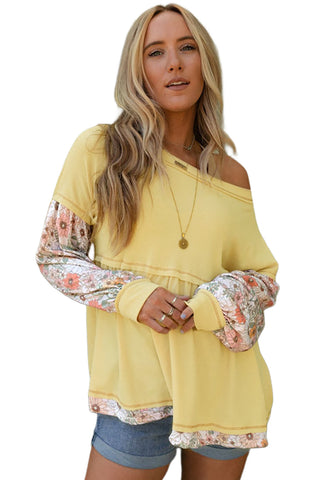 CLEARANCE Yellow Floral Patchwork Waffle Knit Babydoll Blouse