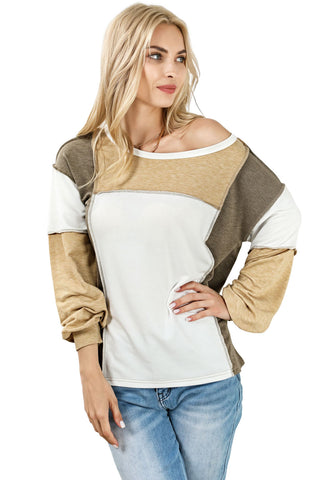 ***CLEARANCE***  Khaki Exposed Seam Color Block Patchwork Top
