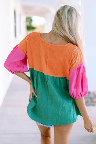 CLEARANCE  Crinkle Bubble Sleeve Color Block Blouse