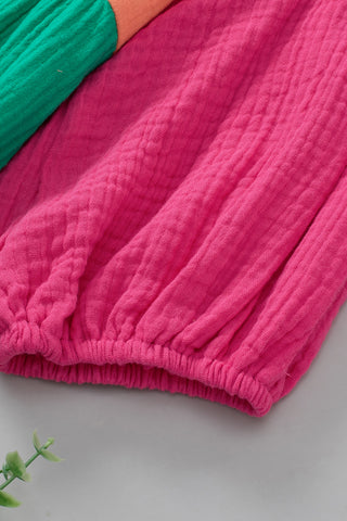 CLEARANCE  Crinkle Bubble Sleeve Color Block Blouse