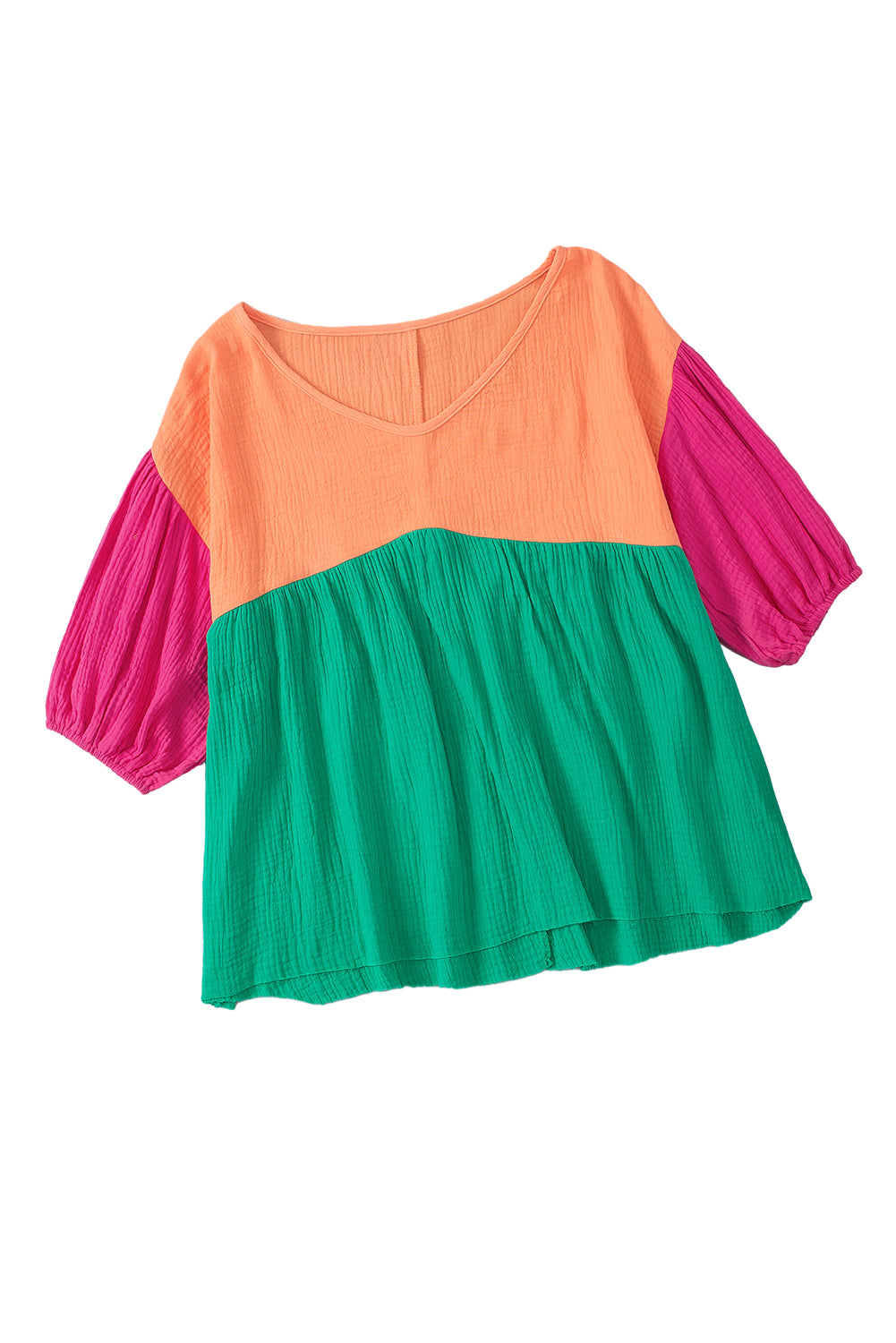 Multicolor Crinkle Bubble Sleeve Color Block Blouse