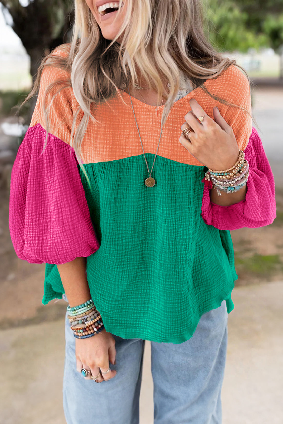 Multicolor Crinkle Bubble Sleeve Color Block Blouse