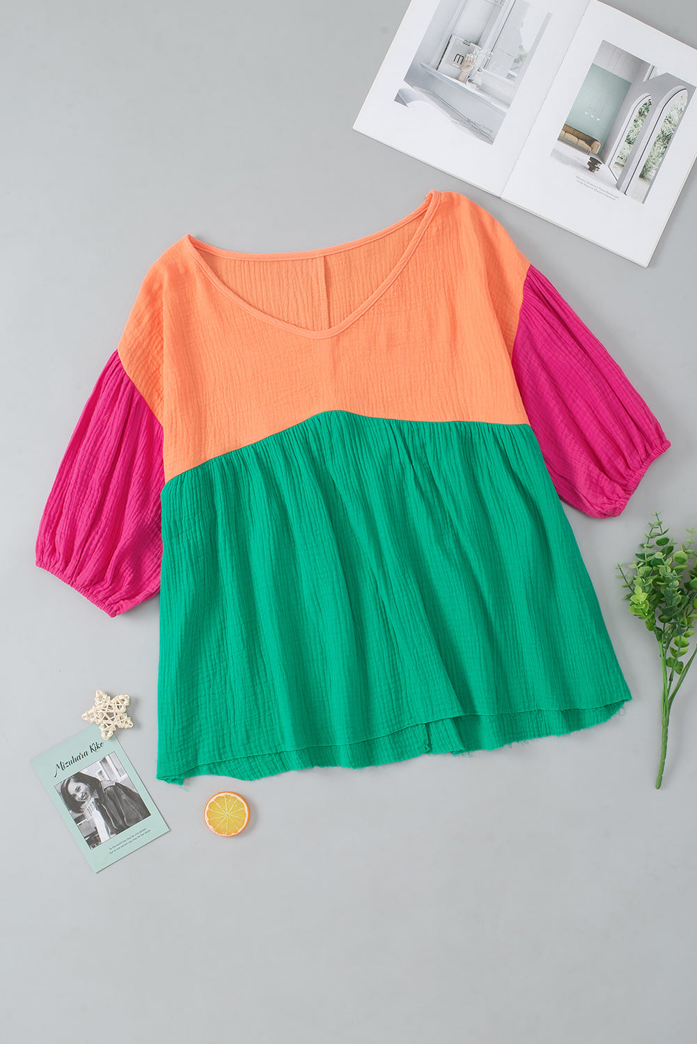 Multicolor Crinkle Bubble Sleeve Color Block Blouse