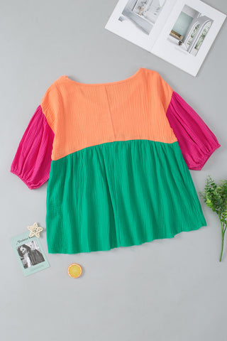 CLEARANCE  Crinkle Bubble Sleeve Color Block Blouse
