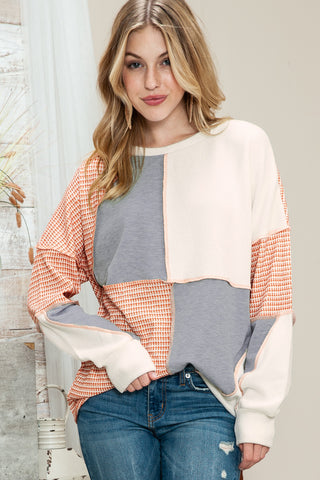 Clearance Multicolor Exposed Seam Color Block Pullover Long Sleeve Top