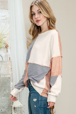 Clearance Multicolor Exposed Seam Color Block Pullover Long Sleeve Top