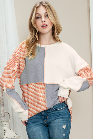 Clearance Multicolor Exposed Seam Color Block Pullover Long Sleeve Top