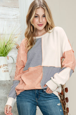 Clearance Multicolor Exposed Seam Color Block Pullover Long Sleeve Top