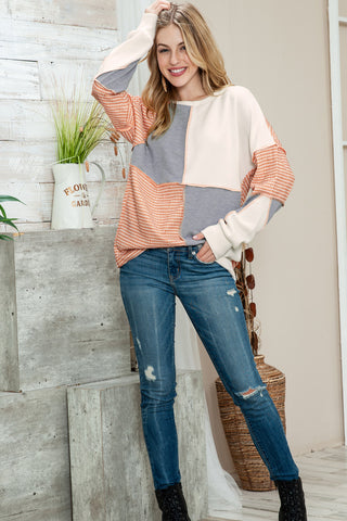 Clearance Multicolor Exposed Seam Color Block Pullover Long Sleeve Top