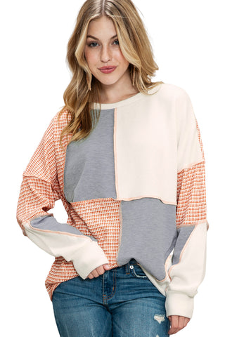 Clearance Multicolor Exposed Seam Color Block Pullover Long Sleeve Top