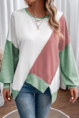 CLEARANCE Colorblock Stitching Irregular Hem Long Sleeve Top
