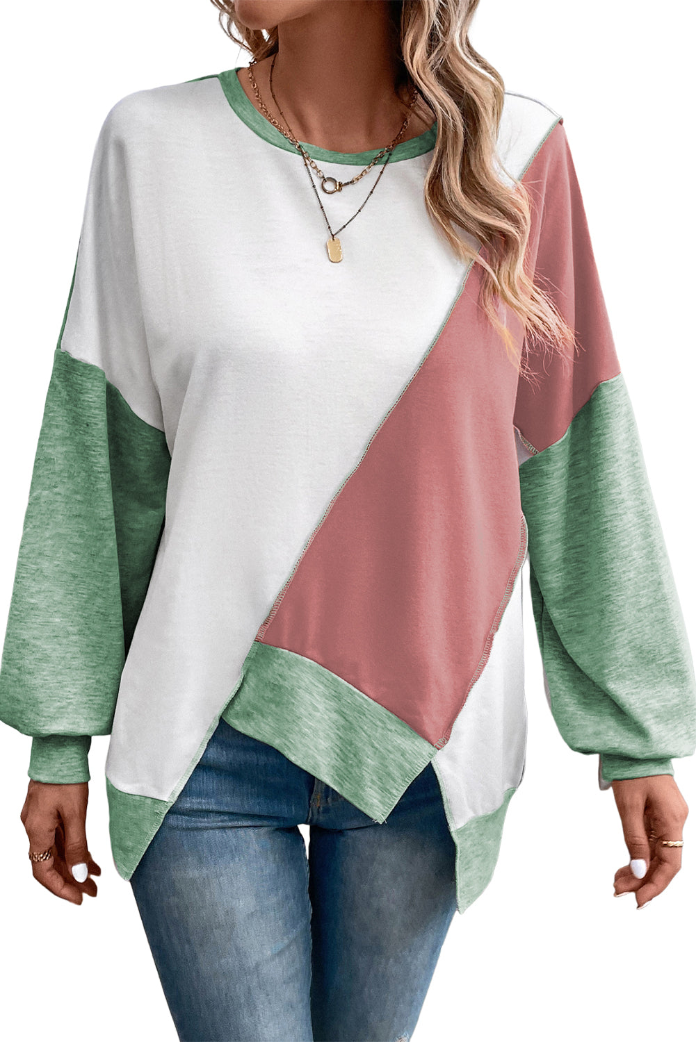 Pink Colorblock Stitching Irregular Hem Long Sleeve Top