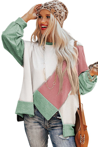 CLEARANCE Colorblock Stitching Irregular Hem Long Sleeve Top