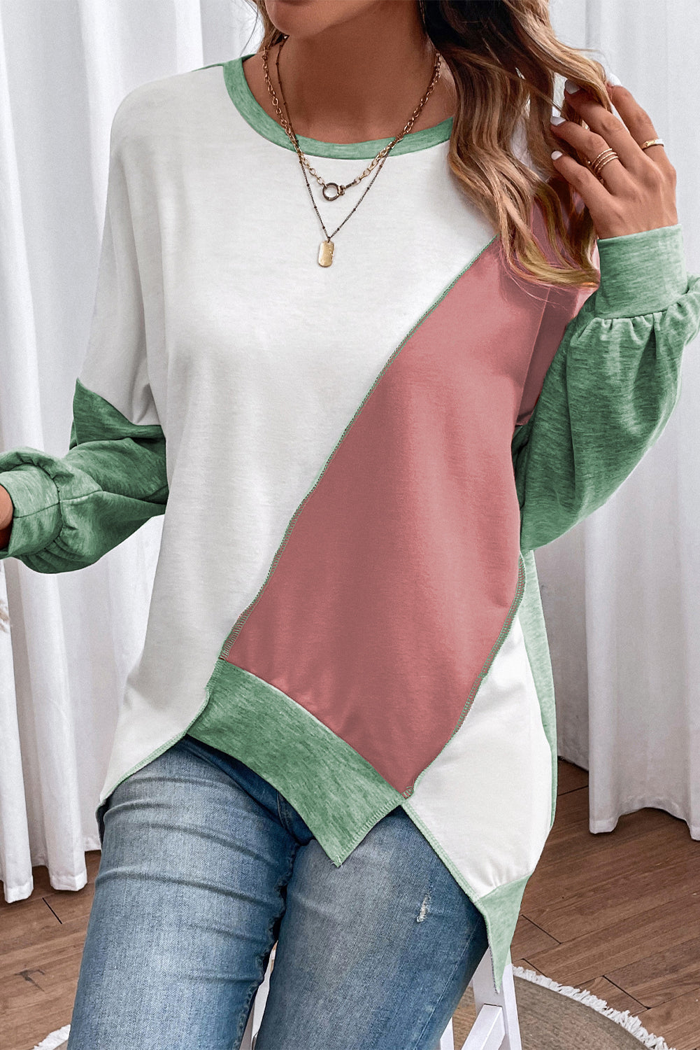 Pink Colorblock Stitching Irregular Hem Long Sleeve Top