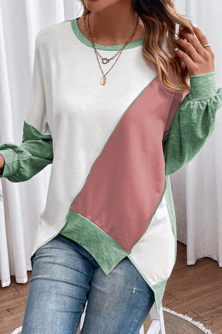 CLEARANCE Colorblock Stitching Irregular Hem Long Sleeve Top