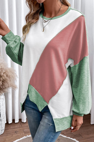 CLEARANCE Colorblock Stitching Irregular Hem Long Sleeve Top