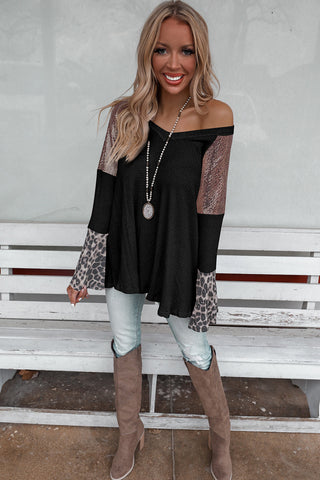 CLEARANCE Black Sequin Patchwork Bell Sleeve V Neck Tunic Top