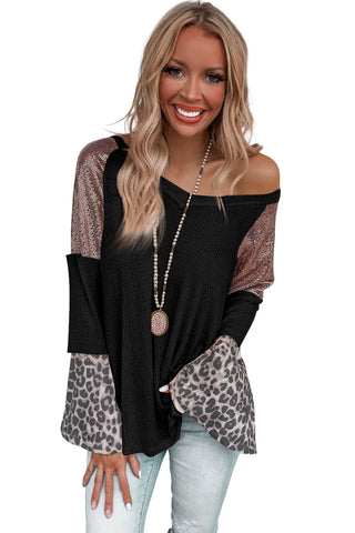 CLEARANCE Black Sequin Patchwork Bell Sleeve V Neck Tunic Top