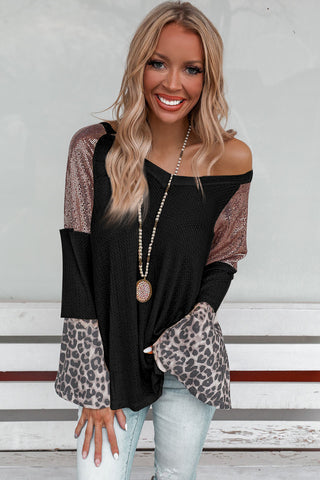 CLEARANCE Black Sequin Patchwork Bell Sleeve V Neck Tunic Top