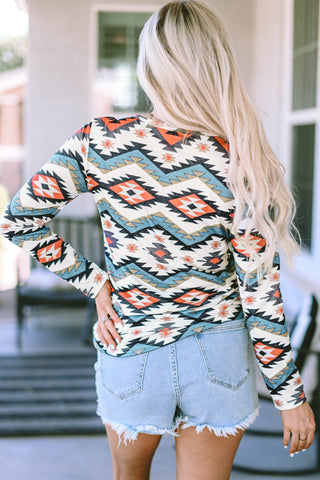CLEARANCE Aztec Geometric Print Long Sleeve Henley Top