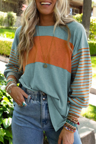 ***CLEARANCE*** Green Colorblock Striped Bishop Sleeve Top with Side Slits