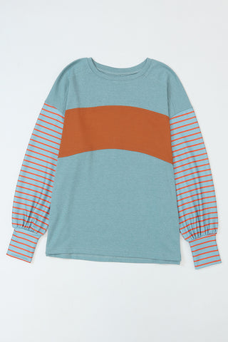 ***CLEARANCE*** Green Colorblock Striped Bishop Sleeve Top with Side Slits