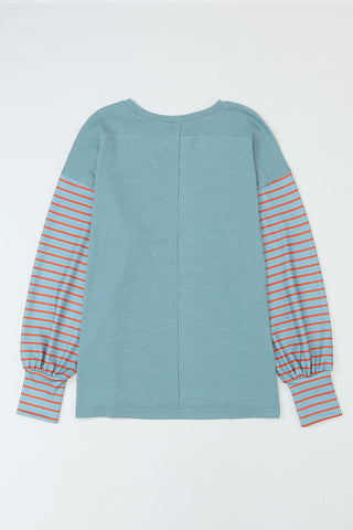 ***CLEARANCE*** Green Colorblock Striped Bishop Sleeve Top with Side Slits