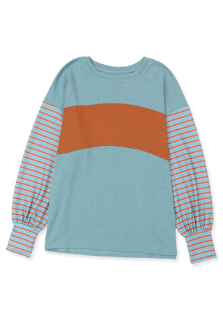 ***CLEARANCE*** Green Colorblock Striped Bishop Sleeve Top with Side Slits