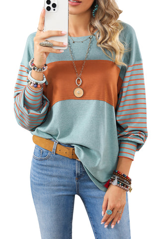***CLEARANCE*** Green Colorblock Striped Bishop Sleeve Top with Side Slits