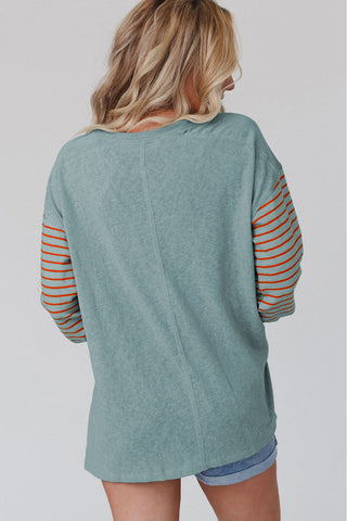 ***CLEARANCE*** Green Colorblock Striped Bishop Sleeve Top with Side Slits