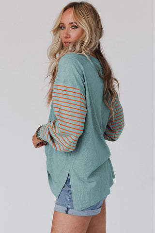 ***CLEARANCE*** Green Colorblock Striped Bishop Sleeve Top with Side Slits