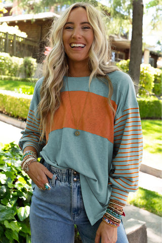 ***CLEARANCE*** Green Colorblock Striped Bishop Sleeve Top with Side Slits