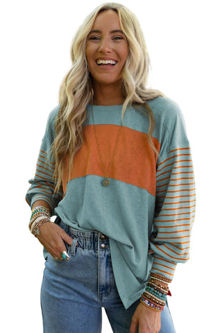 ***CLEARANCE*** Green Colorblock Striped Bishop Sleeve Top with Side Slits