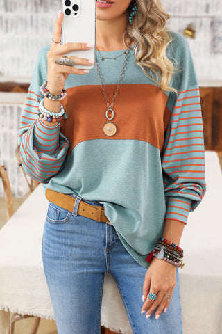 ***CLEARANCE*** Green Colorblock Striped Bishop Sleeve Top with Side Slits