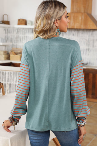 ***CLEARANCE*** Green Colorblock Striped Bishop Sleeve Top with Side Slits