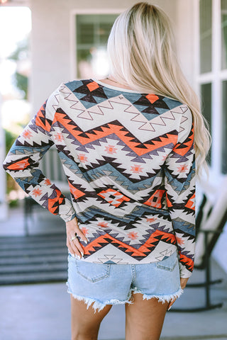 CLEARANCE Aztec Print V Neck Long Sleeve Top